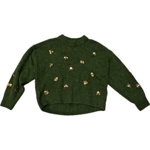 H&M Emerald Green Lightning Bug Dragonfly Gold Beaded Fairy Sweater Sz S